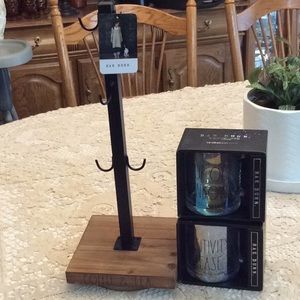 Rae Dunn two mugs and coffee and tea rack